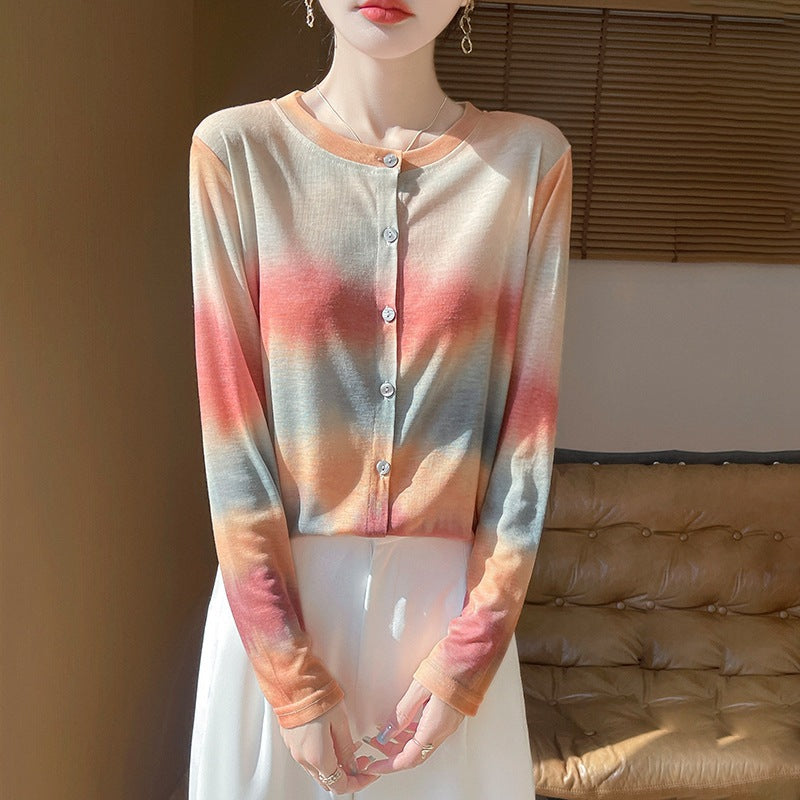 Damen Leichter Aquarell‑Print Feinstrick‑Cardigan mit Rundhalsausschnitt und Knopfleiste Shop Nory