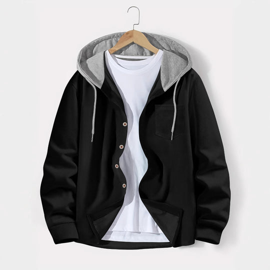 Herren nan leichtes Utility-Hoodie-Überhemd mit Kontrastkapuze, Knopfleiste und Brusttasche Shop Nory