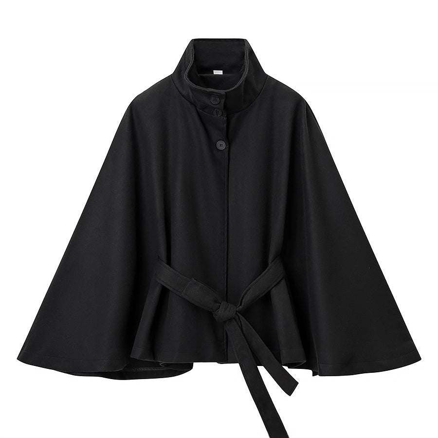 Damen Kurzer Cape-Mantel mit Stehkragen, verdeckter Knopfleiste und Bindegürtel Shop Nory