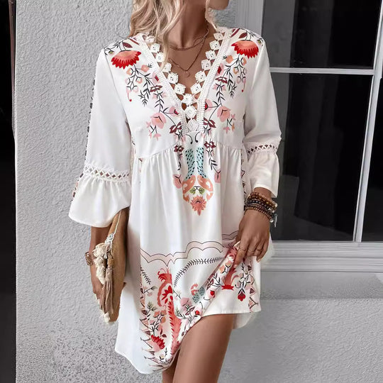 Damen Boho-Kleid mit Stickerei, Häkel-V-Ausschnitt und ausgestellter A-Linie Shop Nory
