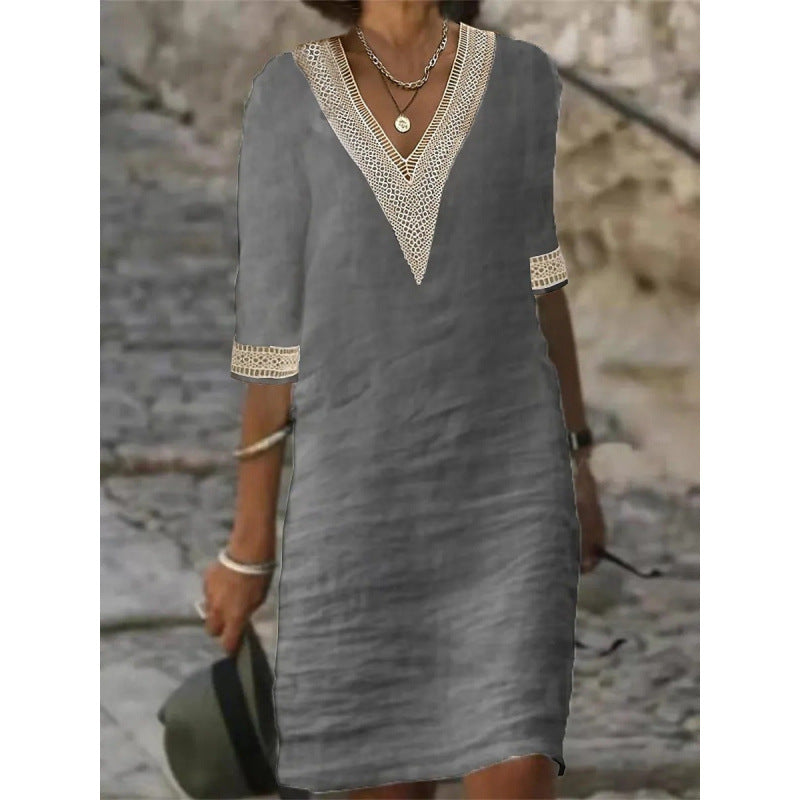 Damen Leichtes Leinen-Midikleid mit V-Ausschnitt und Häkelspitzenbesatz Shop Nory
