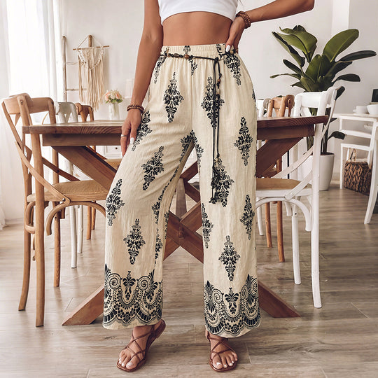 Damen Leichte Boho-Haremshose mit elastischem Bund, Tassel-Kordel und orientalischem Druck Shop Nory