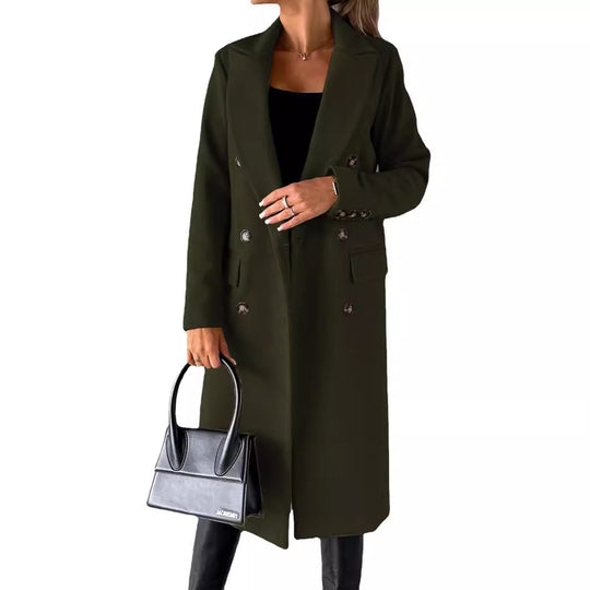 Damen Doppelreihiger Wollmantel im Longline‑Schnitt mit Reverskragen und Pattentaschen Shop Nory