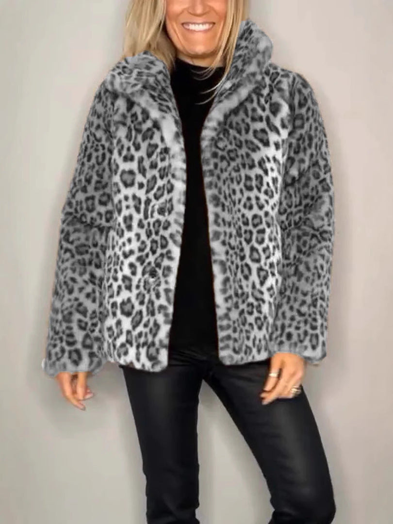 Mantel - Kunstpelz - Oversized Fit - Reverskragen - Leopardenprint