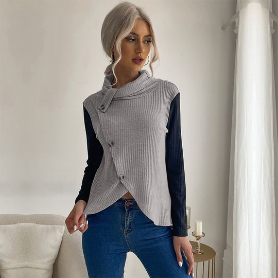 Damen Asymmetrisches Rippenstrick-Layering-Top mit Rollkragen und Zierknopfleiste Shop Nory