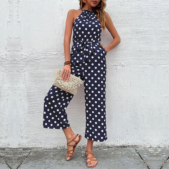 Damen eleganter Jumpsuit mit verstellbarem Bindegürtel und modischem Punkte-Design