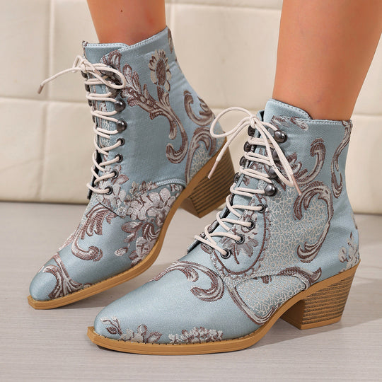 Damen bestickte Schnür-Stiefelette mit Jacquard-Brokatmuster und niedrigem Blockabsatz Shop Nory