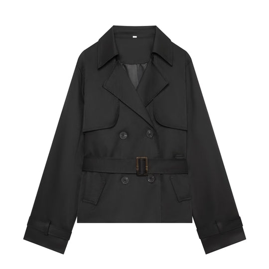 Damen Kurzer Cropped-Trenchcoat mit doppelreihiger Knopfleiste, Taillengürtel und Schulterpatten Shop Nory
