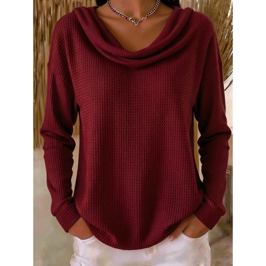 Damen Lässiger Waffelstrick-Pullover mit weitem Wasserfallkragen und gerundetem Saum Shop Nory