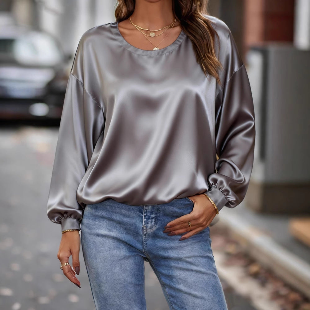 Damen Glänzende Satin-Bluse mit Rundhalsausschnitt und Ballonärmeln Shop Nory