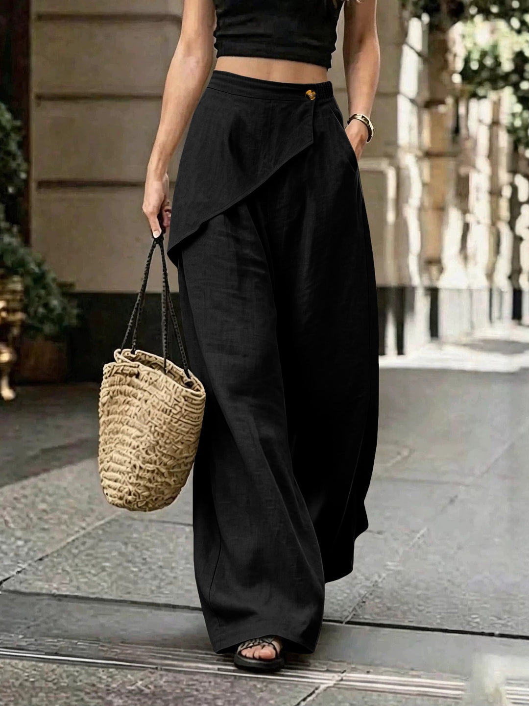 Damen Leichte Leinenhose mit Wickel-Front und weitem Bein Shop Nory