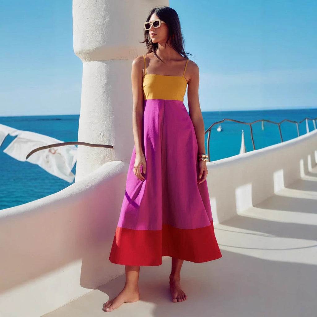 Damen Maxikleid mit farbenfrohem Blockdesign und verstellbaren Spaghettiträgern