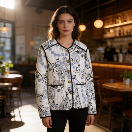 Damen Gesteppte Kurzjacke mit Paisley‑Blumenprint, Rundhalsausschnitt und Kontrastpaspel Shop Nory