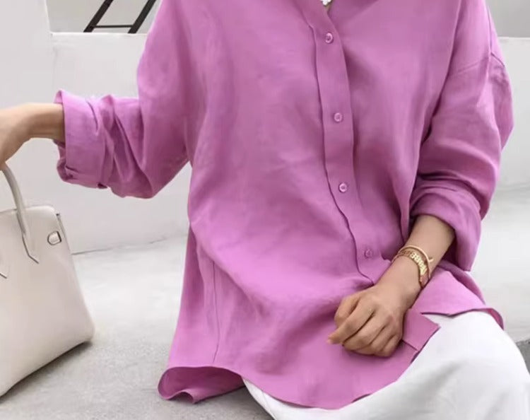 Damen Casual-Leinenbluse mit strukturierter WShop Noryung, überschnittener Schulter und krempelbaren Ärmeln Shop Nory