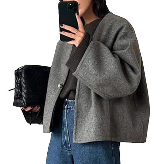 Damen Kurz geschnittene Oversize Wolljacke mit kastigem Schnitt und Ein-Knopf-Verschluss Shop Nory