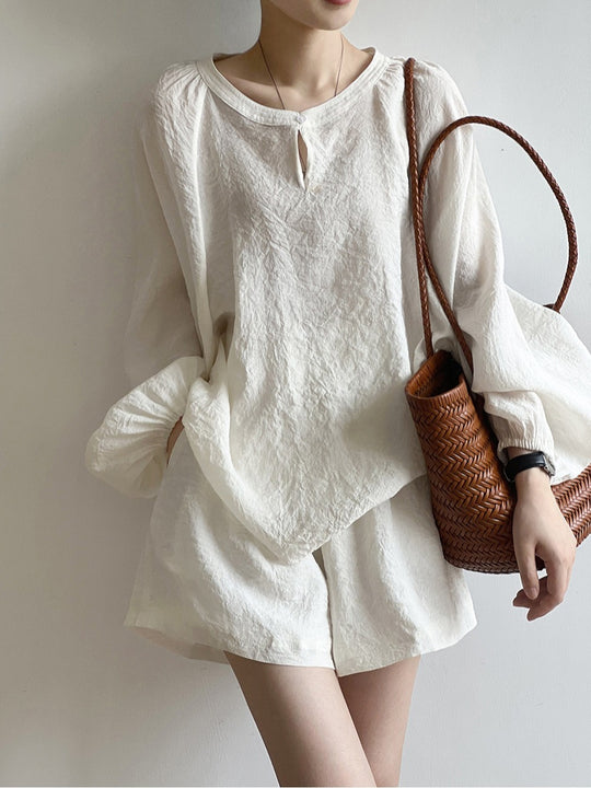Damen Lockeres Leinen-Set mit Rundhalsausschnitt, Schlitzbluse und weiten Shorts Shop Nory