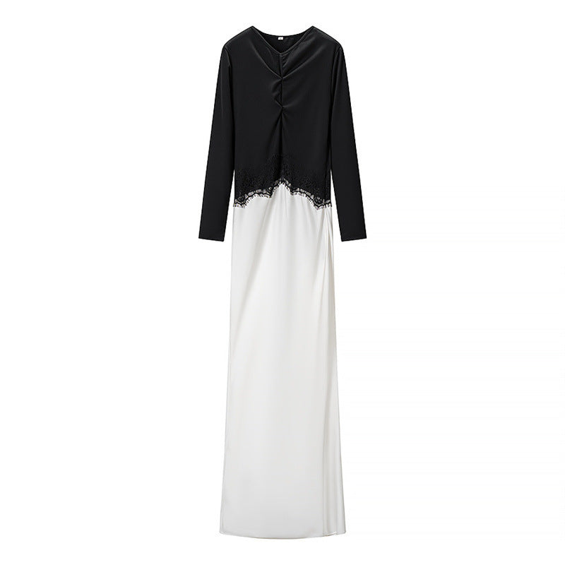 Damen Zweiton-Maxikleid mit geraffter V‑Passe, Spitzenbesatz und langen Ärmeln Shop Nory
