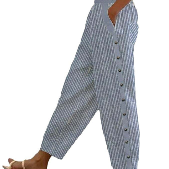 Damen Culotte-Hosen mit hohem elastischem Bund, seitlichem Knopfverschluss und Taschen Shop Nory