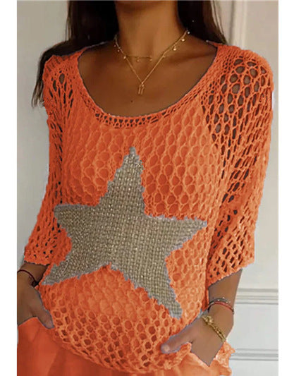 Damen nan oversized gehäkelter Pullover mit Sternapplikation und 3/4-Ärmeln Shop Nory