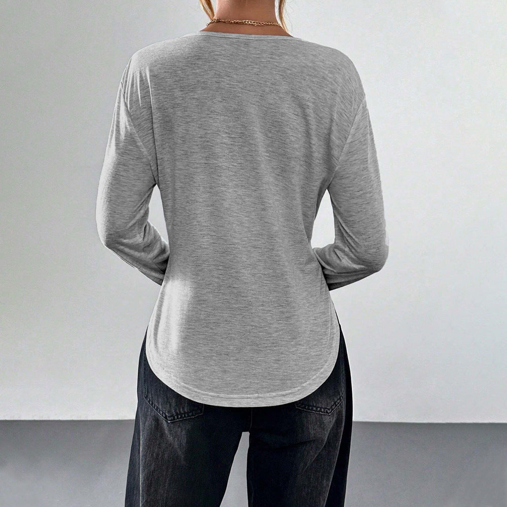 Damen legeres V-Ausschnitt Langarmshirt mit offenem Kragen, weichem Jersey und abgerundetem Saum Shop Nory