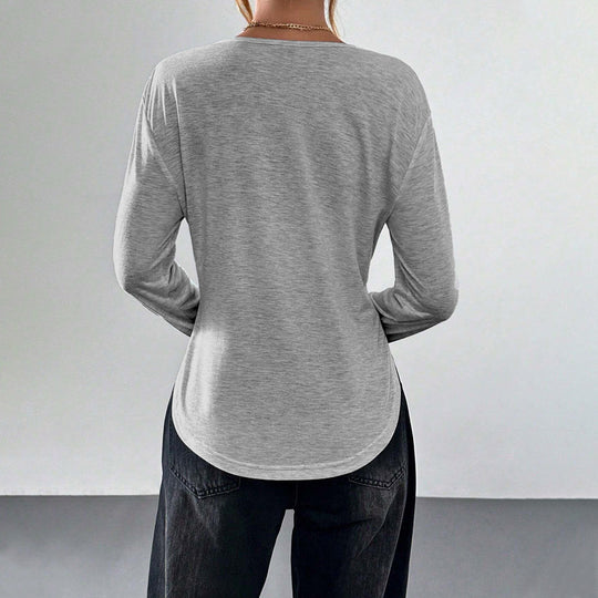 Damen legeres V-Ausschnitt Langarmshirt mit offenem Kragen, weichem Jersey und abgerundetem Saum Shop Nory