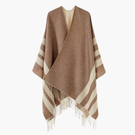 Damen Wendbarer Strickcape-Poncho mit Fransen und kontrastierenden Streifen Shop Nory