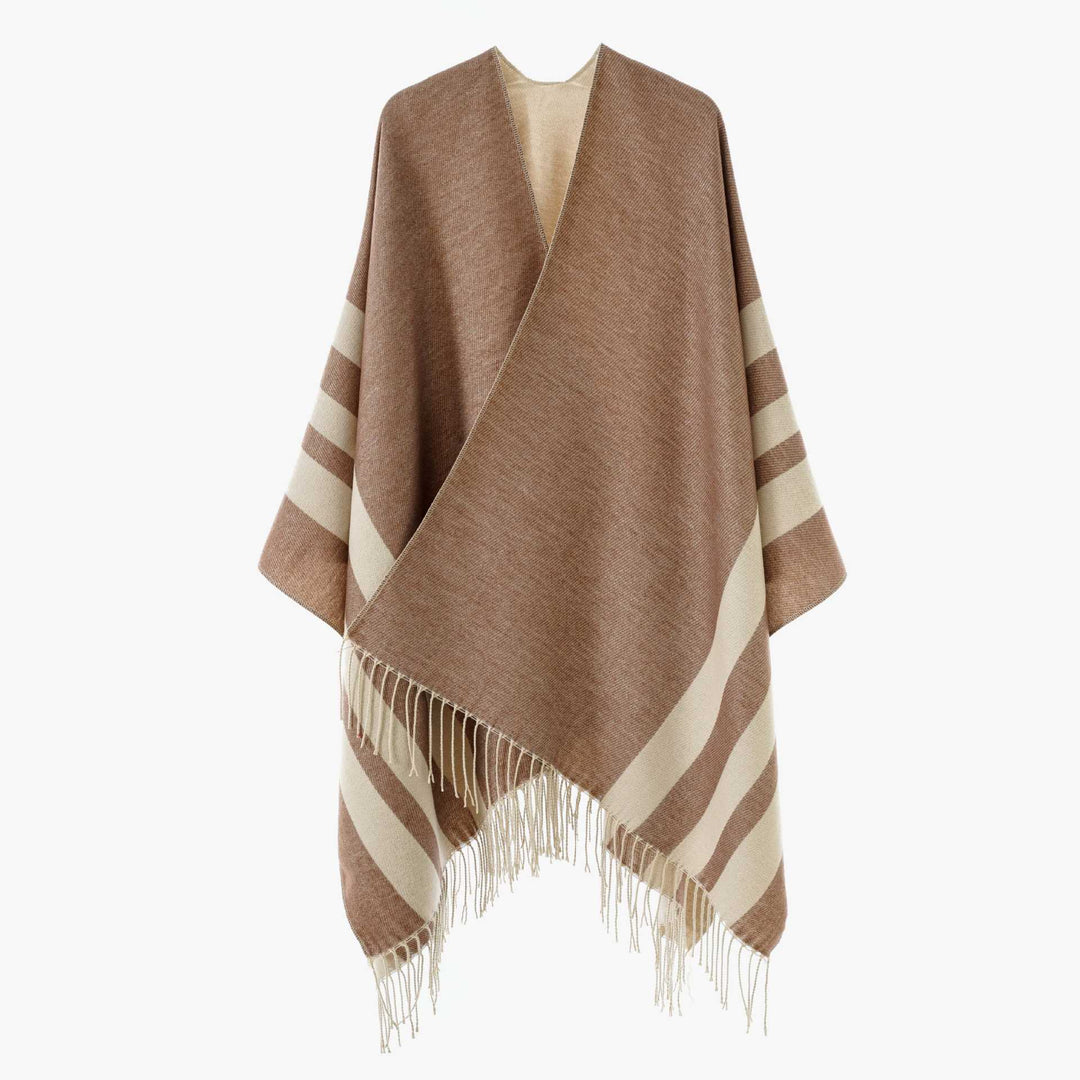 Damen Großer Wollmix Fransenponcho mit diagonalen Kontraststreifen Shop Nory