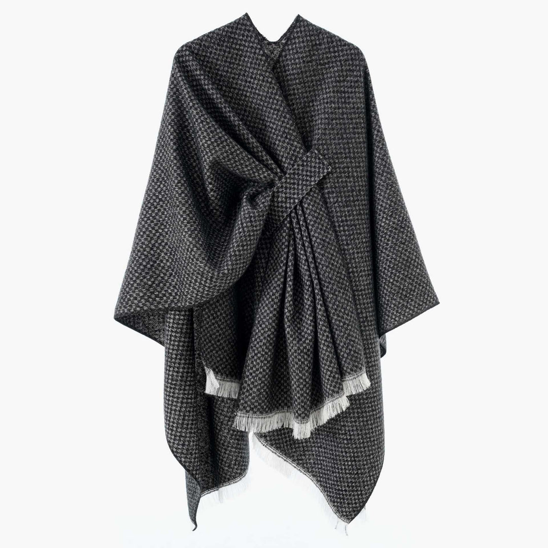 Damen Kastenförmiger Wickelponcho aus Wollmix mit Hahnentritt und Fransensaum Shop Nory