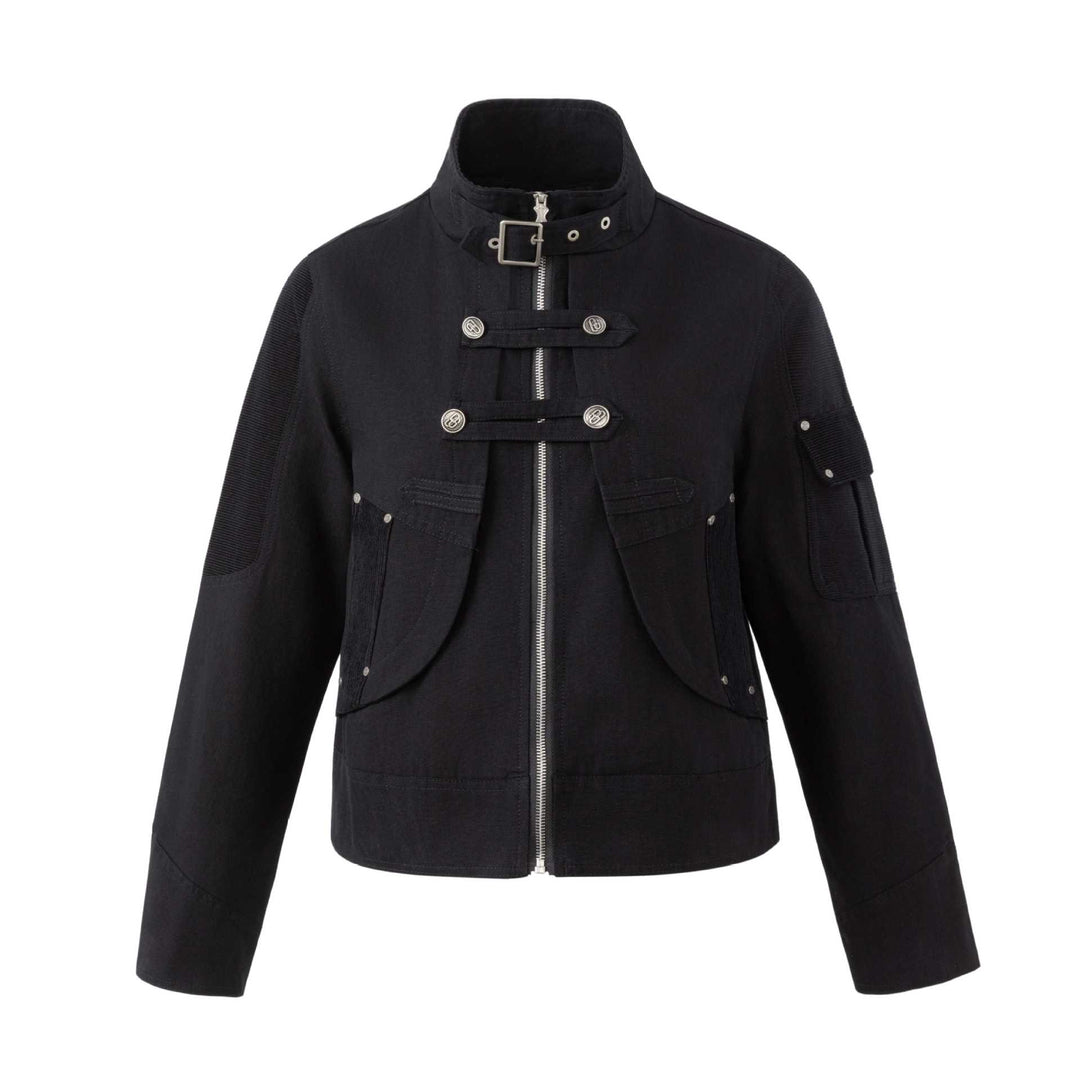 Herren Military-inspirierte Kurzjacke mit Stehkragen, Schnallenriemen und dekorativen Pattentaschen Shop Nory