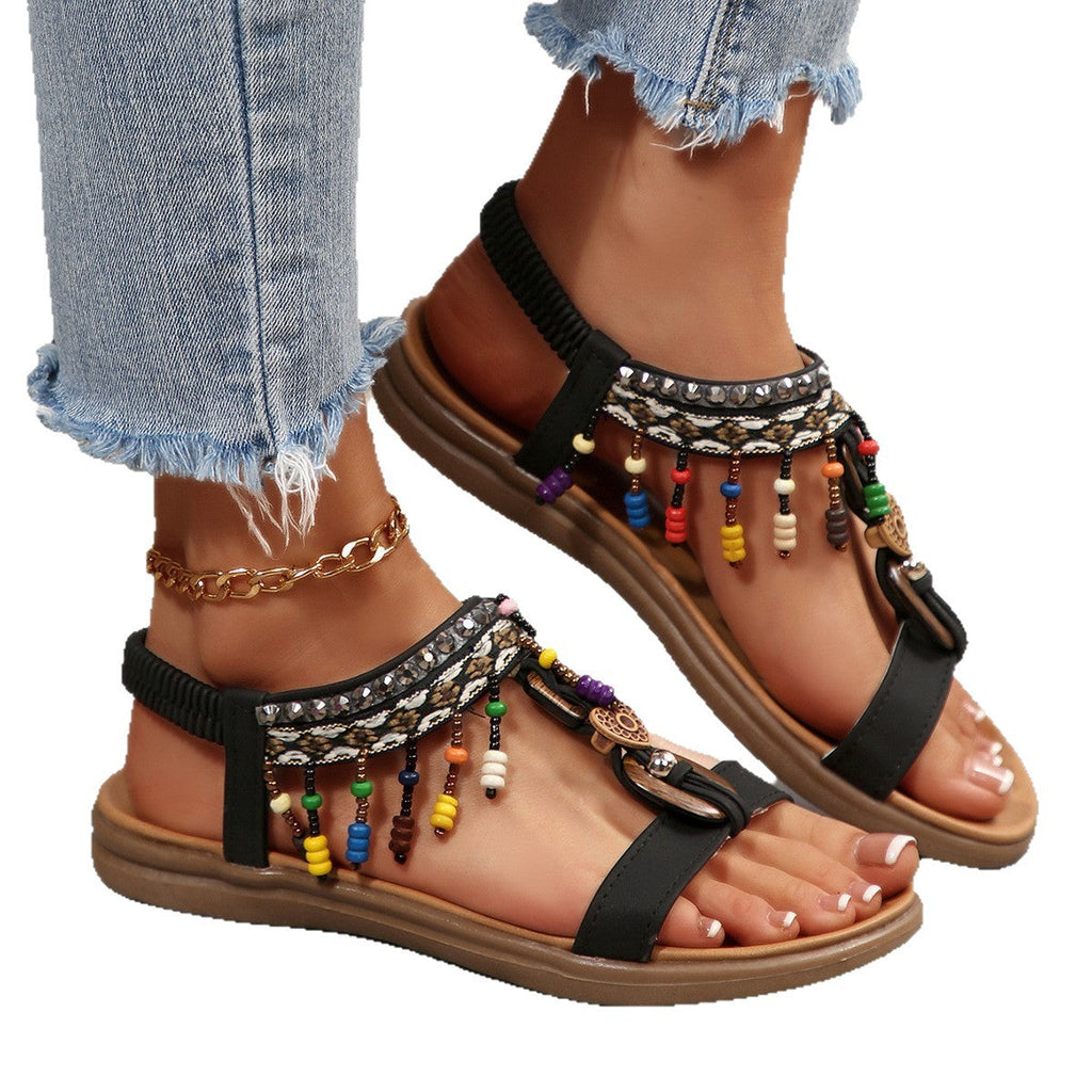 Damen Riemensandalen mit bunten Perlen und komfortablem Fußbett
