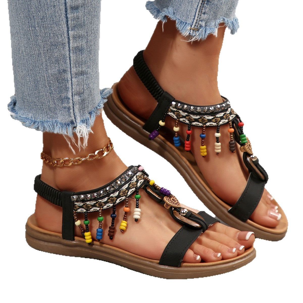 Damen Riemensandalen mit bunten Perlen und komfortablem Fußbett