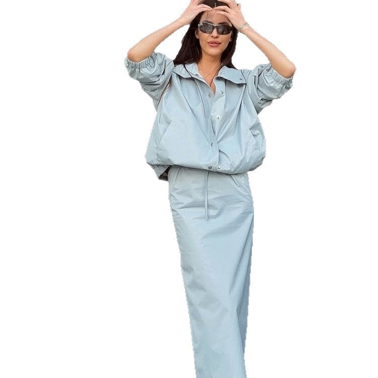 Damen Zweiteiliges Co-Ord-Set aus leichter Windjacke mit Tunnelzug und tailliertem Maxi-Rock Shop Nory