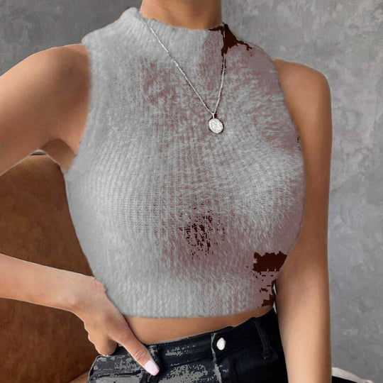 Damen Kurz geschnittenes ärmelloses geripptes Strick-Crop-Top mit Stehkragen Shop Nory