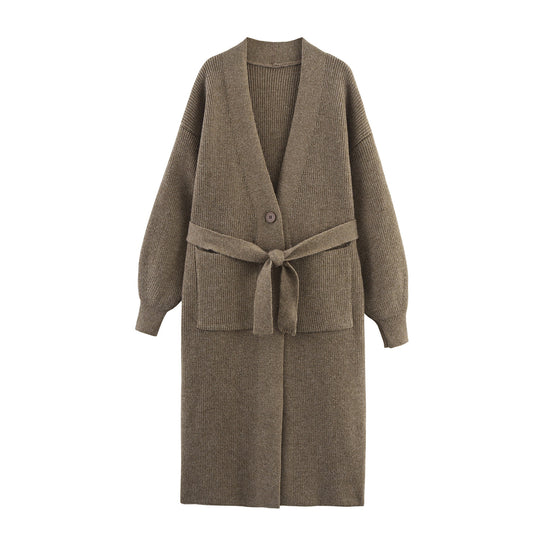 Damen Lange Strickjacke mit Bindegürtel, aufgesetzten Taschen und tiefem V-Ausschnitt Shop Nory