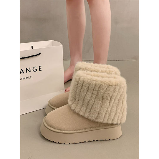 Damen Gefütterte Plateau-Ankle-Boots aus Veloursimitat mit umschlagbarem Kunstfellrand Shop Nory