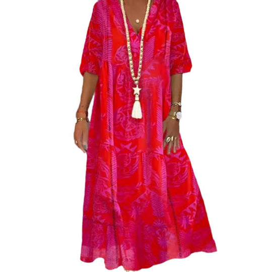 Damen elegantes Maxikleid mit floralen Motiven und V-Ausschnitt