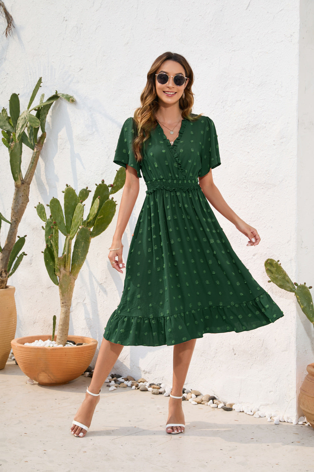 Damen Midikleid mit raffiniertem V-Ausschnitt, elastischem Taillenzug und fließendem Rock