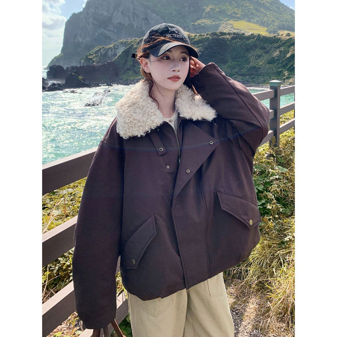 Damen Oversize-Kurzjacke mit Teddykragen und Pattentaschen Shop Nory