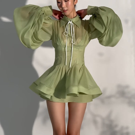 Damen Transparentes Chiffon-Minikleid mit Korsagenoptik, Puffärmeln und ausgestelltem Rock Shop Nory