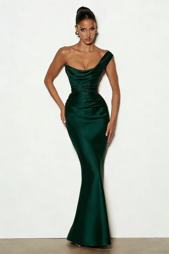 Damen Elegantes Satin Lang Abendkleid mit asymmetrischem Schnitt und figurschmeichelndem Design Shopnory