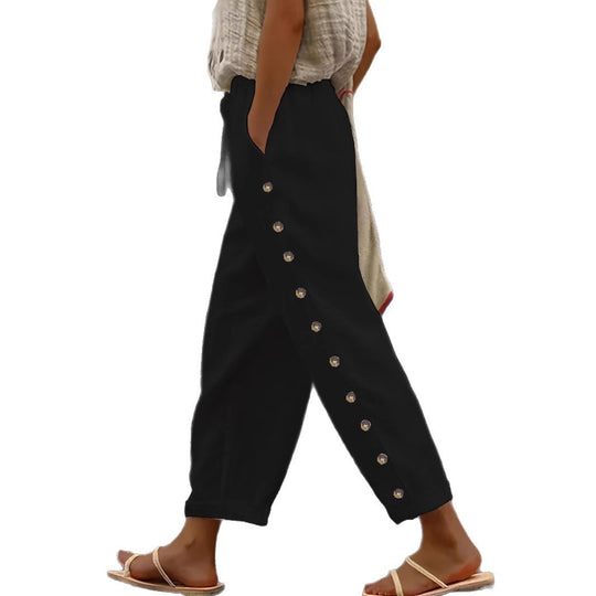 Damen Leichte Leinenhose mit hoher Taille, Kordelzug und seitlicher Druckknopf-Detailierung Shop Nory