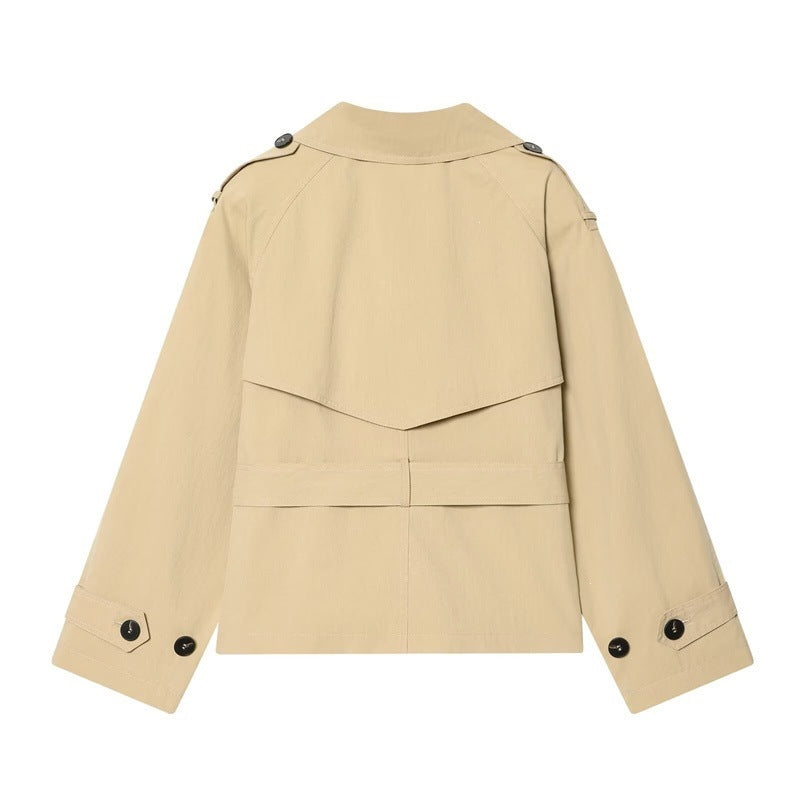 Damen Cropped doppeltreihiger Trenchblazer mit Bindegürtel und Epauletten Shop Nory