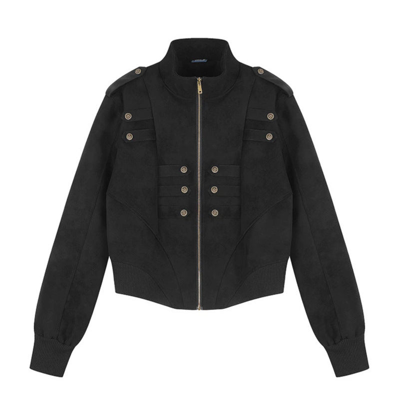 Damen Gekürzte Bomberjacke mit Stehkragen, Schulterpatten und dekorativer Knopfreihe Shop Nory
