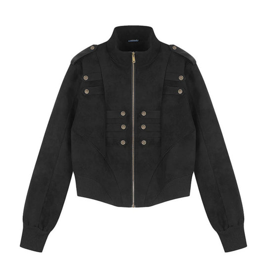 Damen Gekürzte Bomberjacke mit Stehkragen, Schulterpatten und dekorativer Knopfreihe Shop Nory
