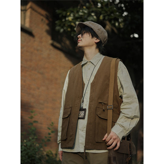 Herren Multifunktionale Canvas-Utility-Weste mit Fronttaschen und Reißverschluss Shop Nory