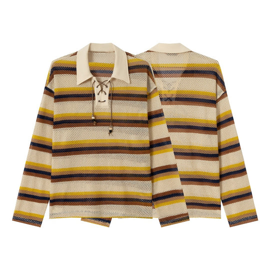 Damen locker sitzendes gehäkeltes Poloshirt mit Schnürung Shop Nory