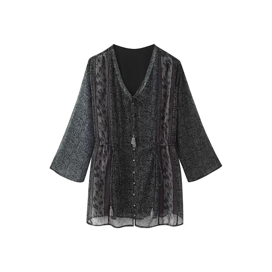 Damen Transparentes Boho-Tunika-Kleid mit V-Ausschnitt, Kordelzug und Quasten Shop Nory
