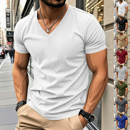 Herren nan klassisches V-Ausschnitt T-Shirt aus feinem Baumwolljersey mit verstärktem Nackenband und Doppelnaht Shopnory