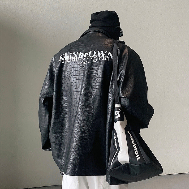 Herren Oversized Kunstlederjacke mit Krokodilprägung und Rückenlogo Shop Nory