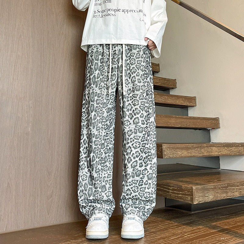 Herren Weit geschnittene Leoprint-Hose aus leichtem Viskose-Mix mit Kordelzug Shop Nory